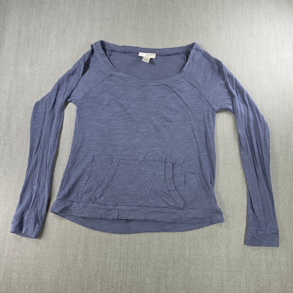 Kenar Top‎ Women Medium Blue Slub Knit Long Sleeve Scoop Neck Kangaroo Pocket